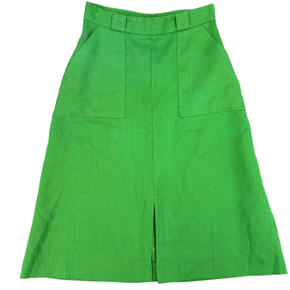 Vintage Cin-Cin Green A-Line Midi Skirt High Waist Patch Pockets Retro 70s Mod